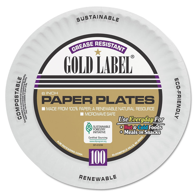 AJM Packaging Corporation Coated Paper Plates, 6 Inches, White, Round, 100/pack