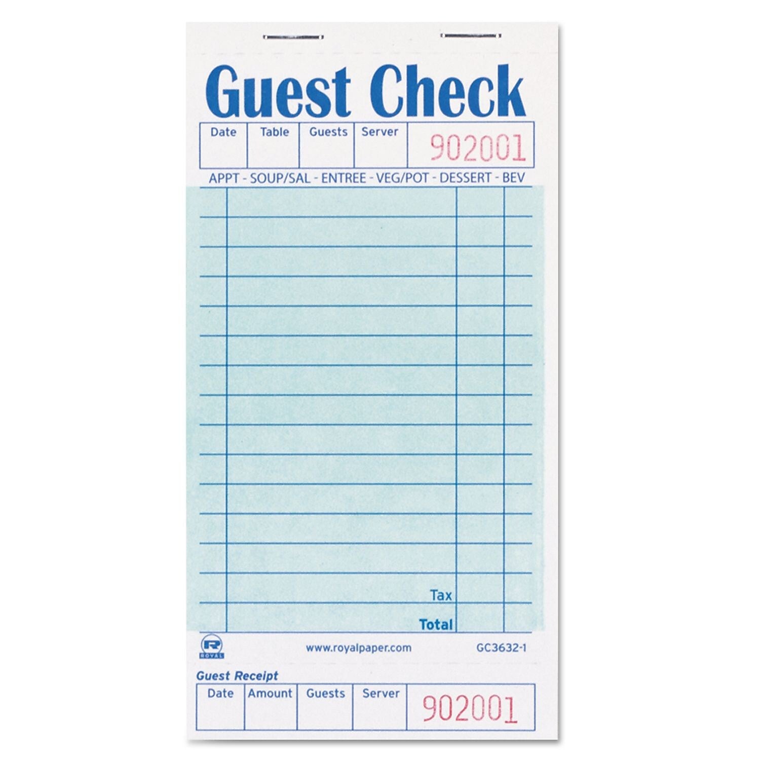 Royal Guest Check Book, 3 1/2 X 6 7/10, 50/book, 50 Books/carton