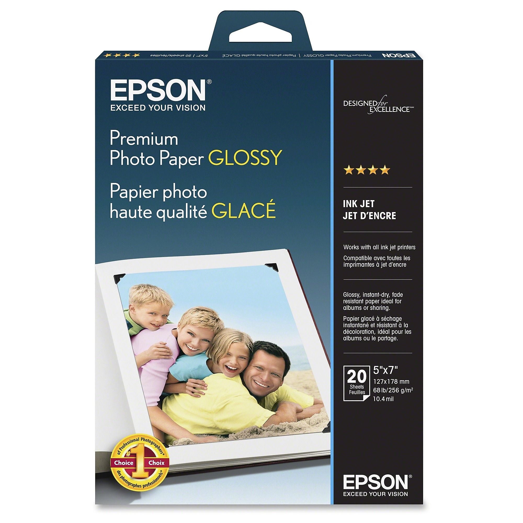 Epson Glossy Photo Paper, 5" x 7", 20 Sheets/Pack (S041464)