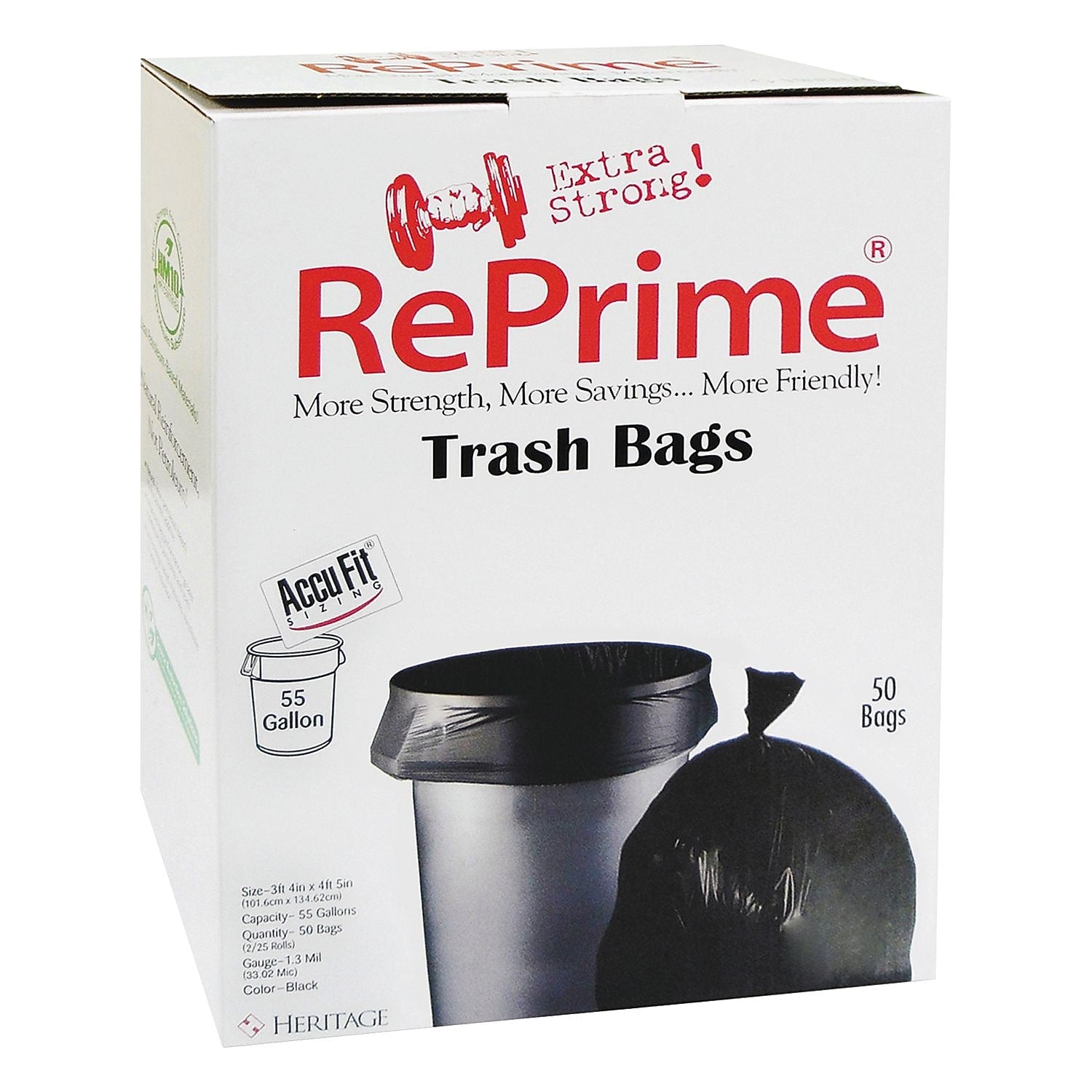 RePrime Can Liners, 55 Gallon, 1.3 Mil, 40" x 53", Black, 50/Bx