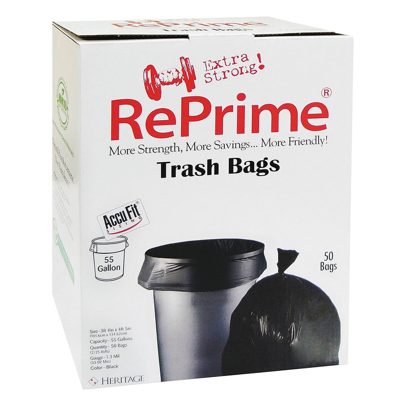 RePrime Can Liners, 55 Gallon, 1.3 Mil, 40" x 53", Black, 50/Bx