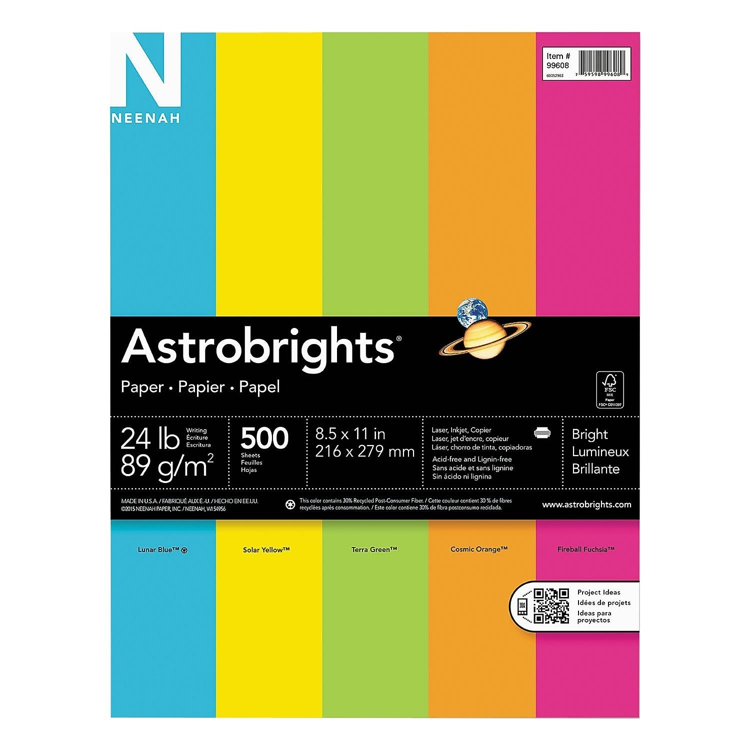 Astrobrights Colored Paper, 24 lbs., 8.5" x 11", Assorted Brights, 500 Sheets/Ream (WAU99608)