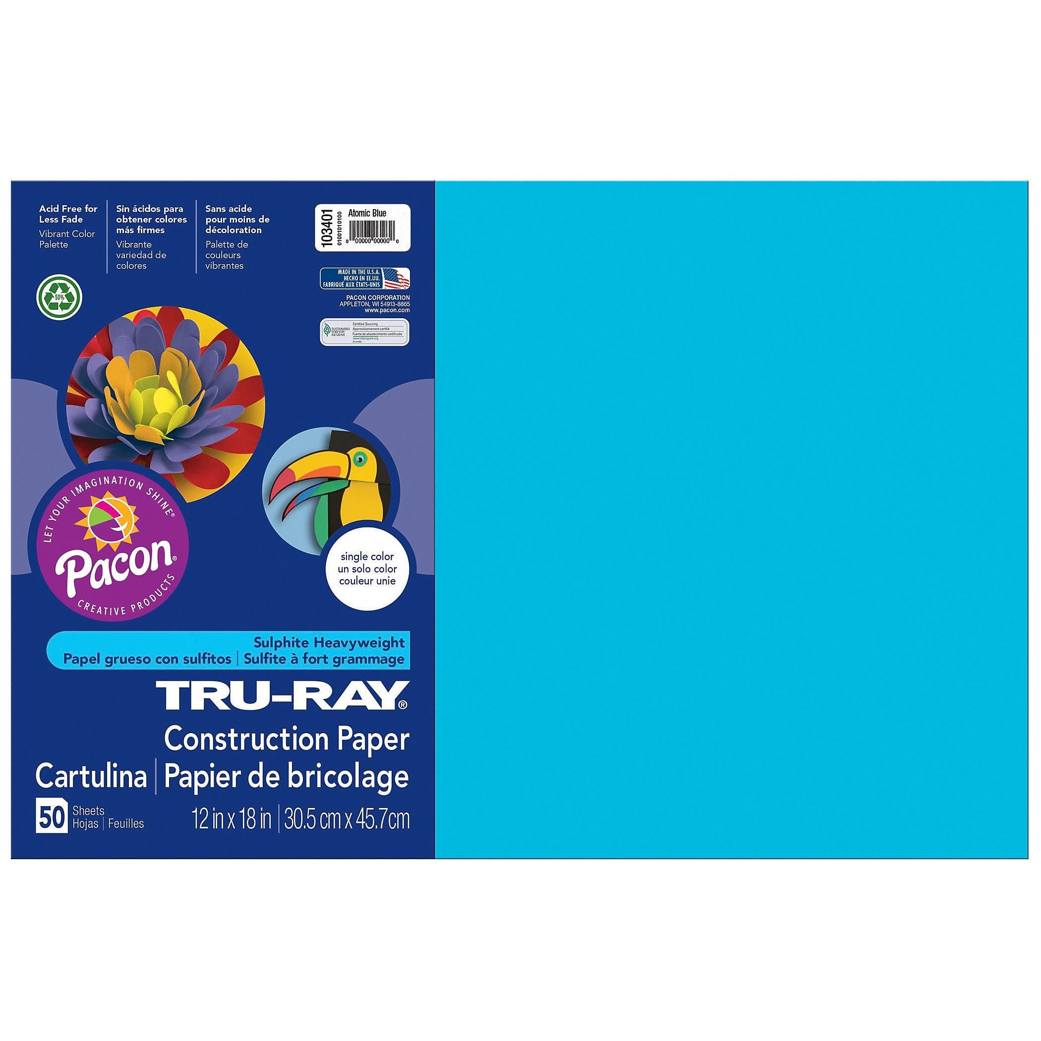 Pacon Tru-Ray 12" x 18" Construction Paper, Atomic Blue, 50 Sheets/Pack (P103401)