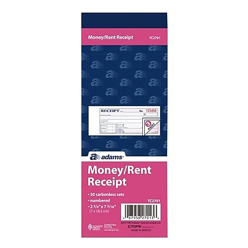 TOPS 3-Part Money/Rent Receipt Book, 2.75" x 7.19", 50 Sheets/Book (TC2701-3)