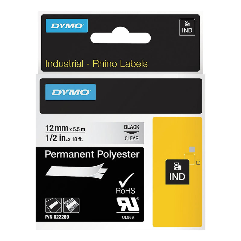 DYMO Permanent Polyester 622289 Printer Label, 1/2"W, Black on Clear