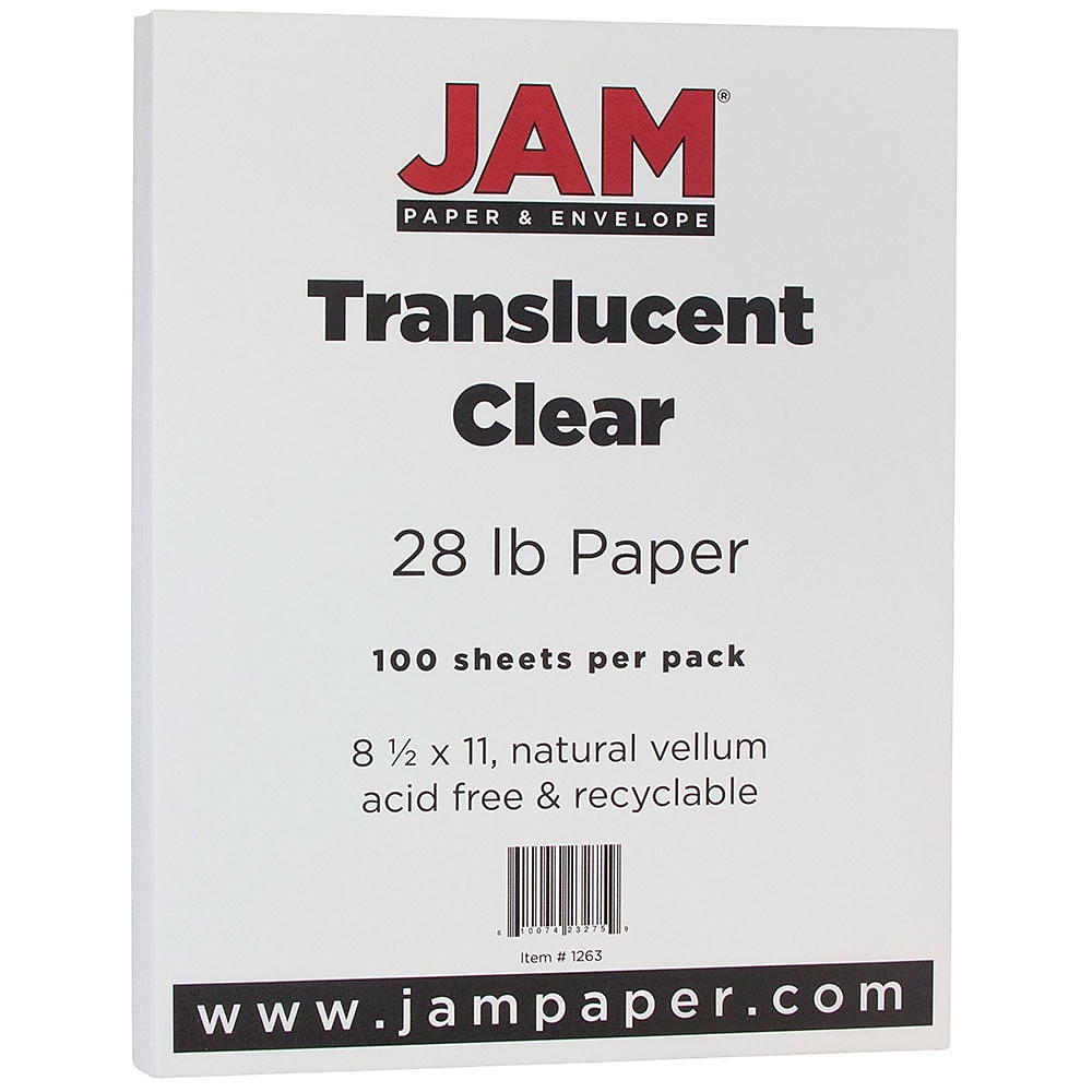 JAM Paper 8.5" x 11" Translucent Clear Vellum Paper, 28 lbs., 70 Brightness, 100 Sheets/Pack (1263)