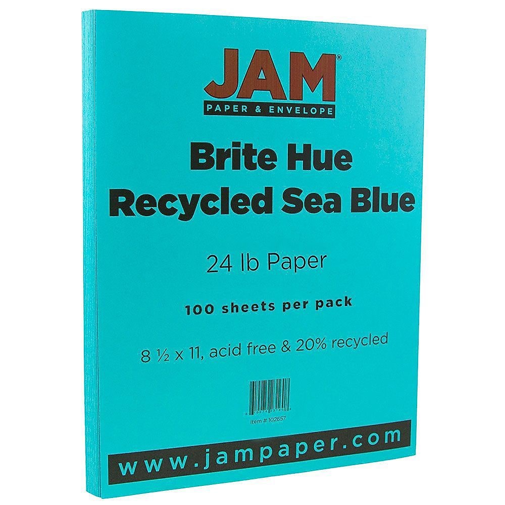 JAM Paper 8.5" x 11" Coor Copy Paper, 24 lbs., Sea Blue Recycled, 100 Sheets/Pack (102657)