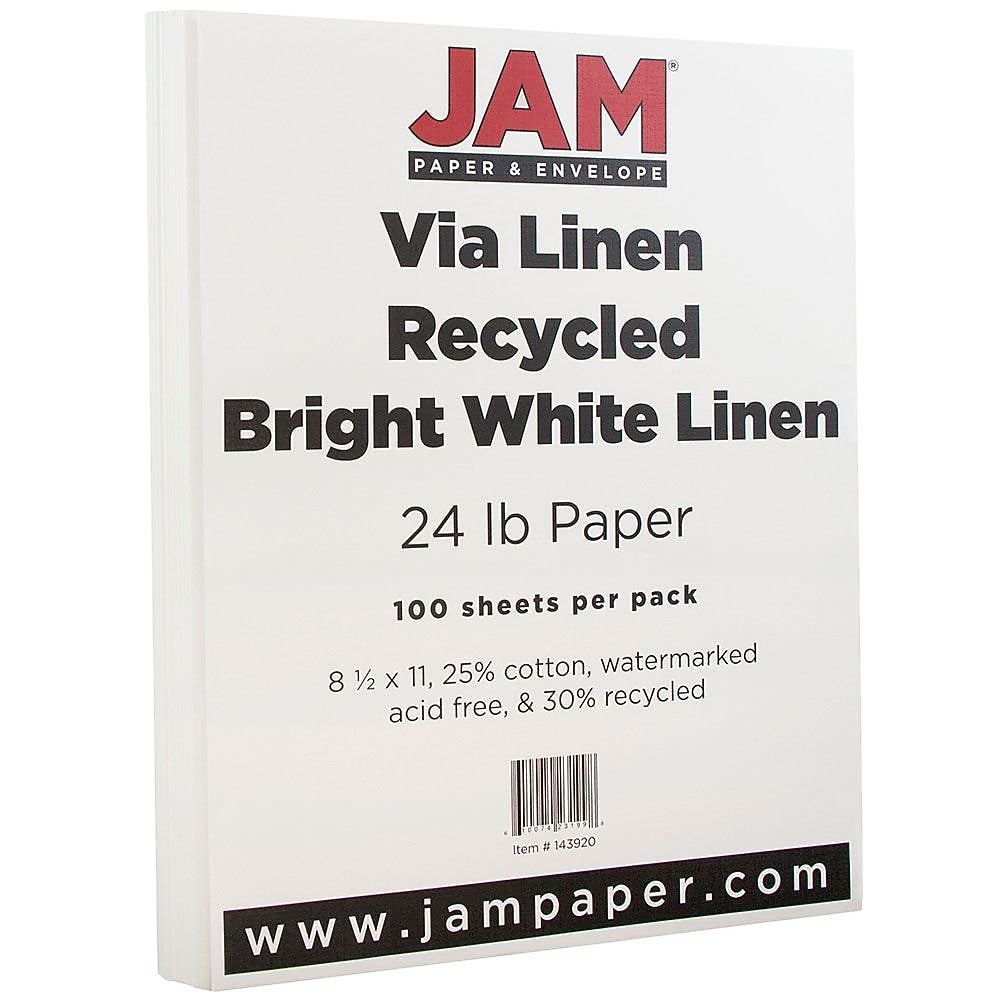 JAM Paper® Strathmore 24lb Paper, 8.5 x 11, Bright White Linen, 100 Sheets/Pack (143920)