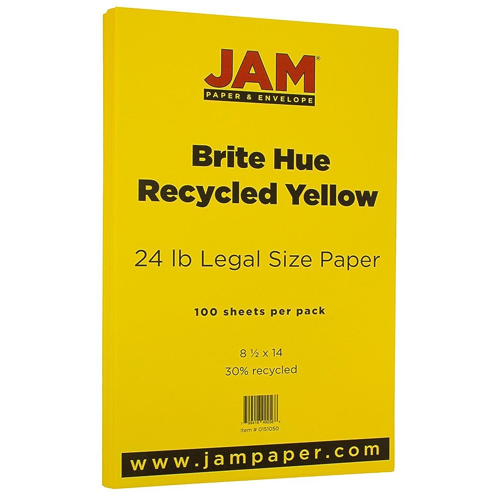 JAM Paper Smooth Colored 8.5" x 14" Paper, 24 lbs., Yellow Recycled, 100 Sheets/Pack (151050)