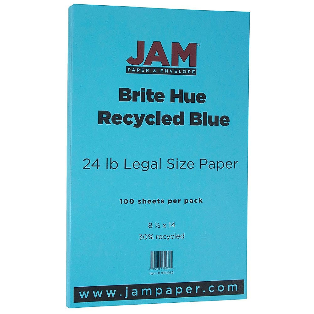 JAM Paper Smooth Colored 8.5" x 14", Copy Paper, 24 lbs., Blue Recycled, 100 Sheets/Pack (151052)