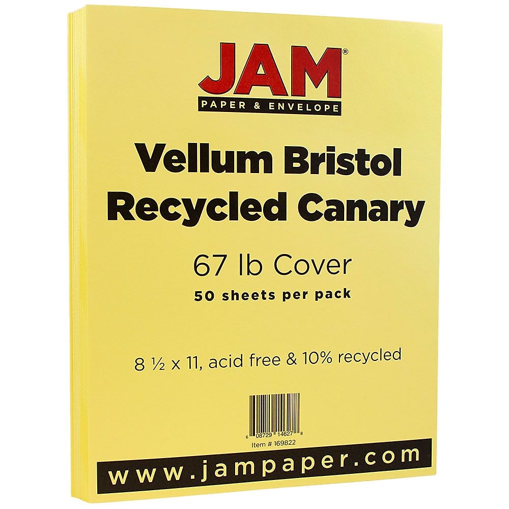 JAM Paper Vellum Bristol 67 lb. Cardstock Paper, 8.5" x 11", Canary Yellow, 50 Sheets/Pack (169822)
