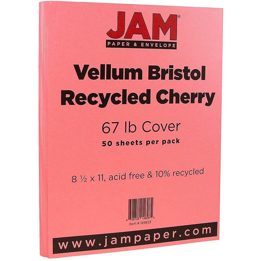 JAM Paper Vellum Bristol 67 lb. Cardstock Paper, 8.5" x 11", Cherry Red, 50 Sheets/Pack (169823)