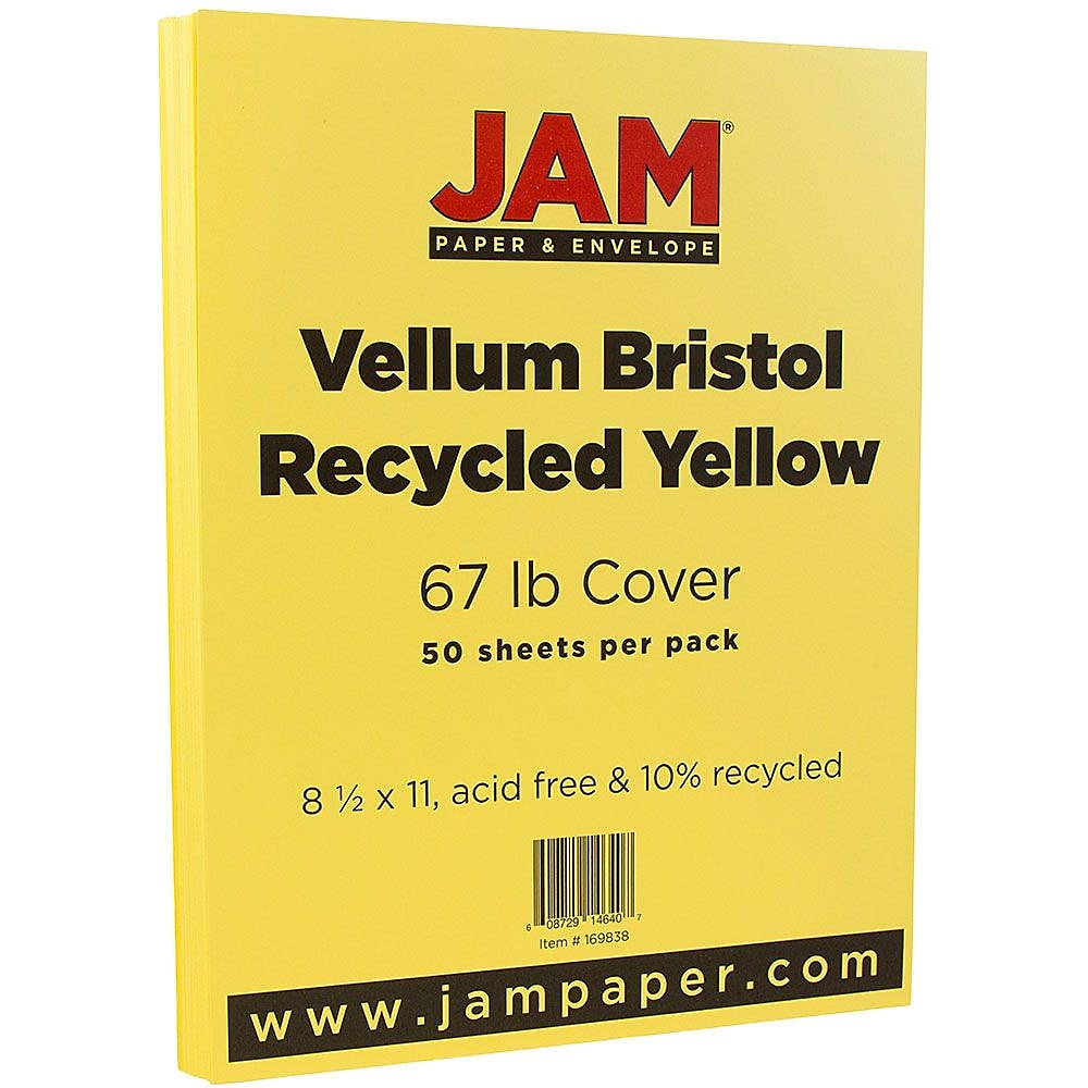 JAM Paper Vellum Bristol 67 lb. Cardstock Paper, 8.5" x 11", Yellow, 50 Sheets/Pack (169838)