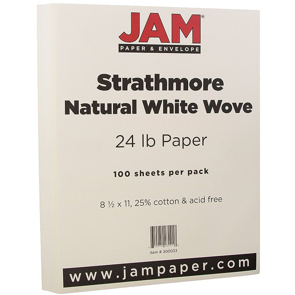 JAM Paper® Strathmore 24lb Paper, 8.5 x 11, Natural White Wove, 100 Sheets/Pack (300033)