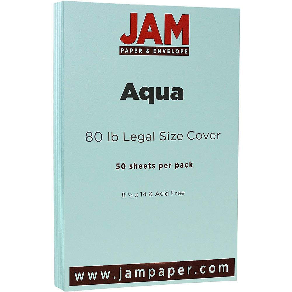 JAM Paper 80 lb. Cardstock Paper, 8.5" x 14", Aqua Blue, 50 Sheets/Pack (16729312)