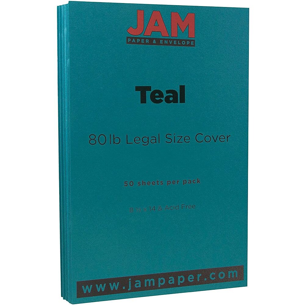 JAM Paper 80 lb. Cardstock Paper, 8.5" x 14", Teal Blue, 50 Sheets/Pack (16729449)