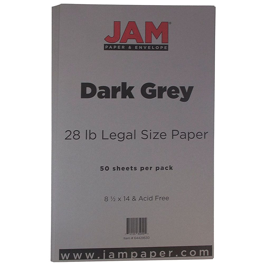 JAM Paper Matte Colored 8.5" x 14" Paper, 28 lbs., Dark Gray, 50 Sheets/Pack (64429530)