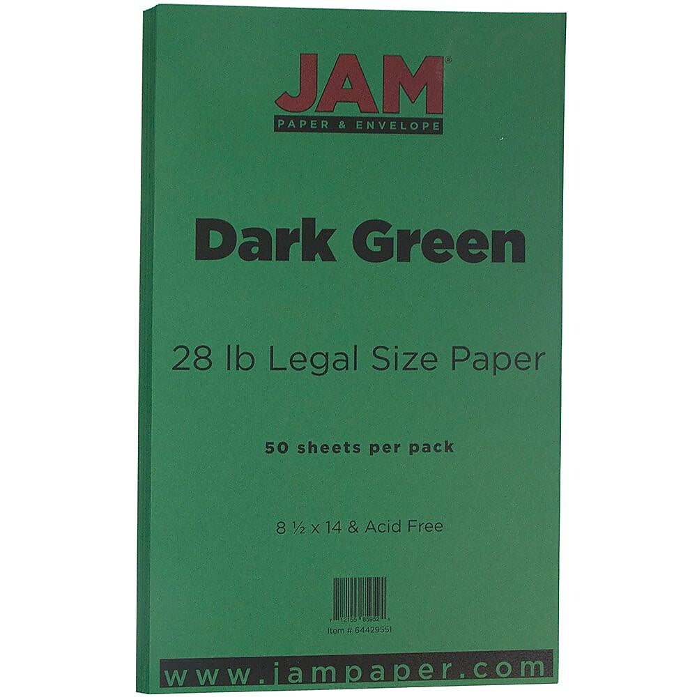 JAM Paper 8.5" x 14" Color Multipurpose Paper, 28 lbs., Dark Green, 50 Sheets/Ream (64429551)