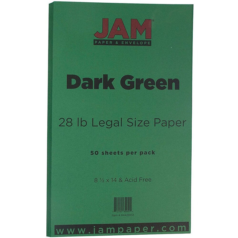 JAM Paper 8.5" x 14" Color Multipurpose Paper, 28 lbs., Dark Green, 50 Sheets/Ream (64429551)