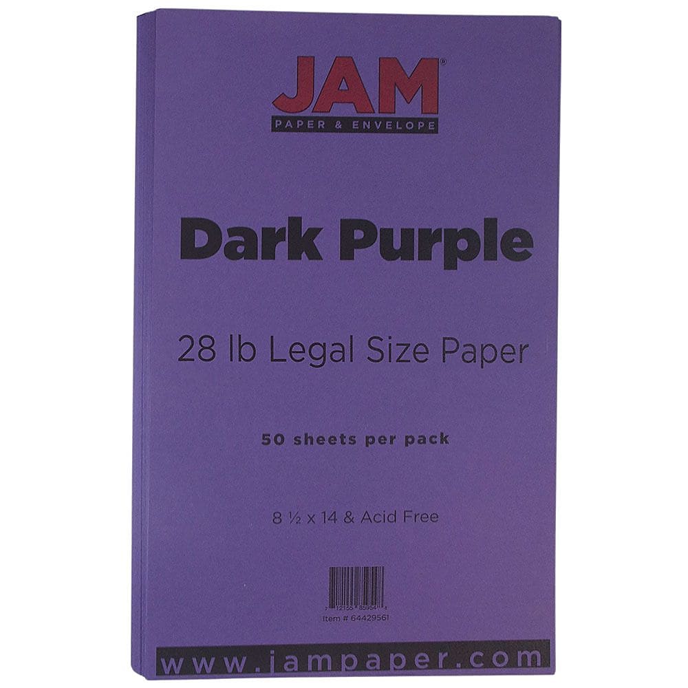 JAM Paper Matte Colored 8.5" x 14" Multipurpose Paper, 28 lbs., Dark Purple, 50 Sheets/Pack (64429561)