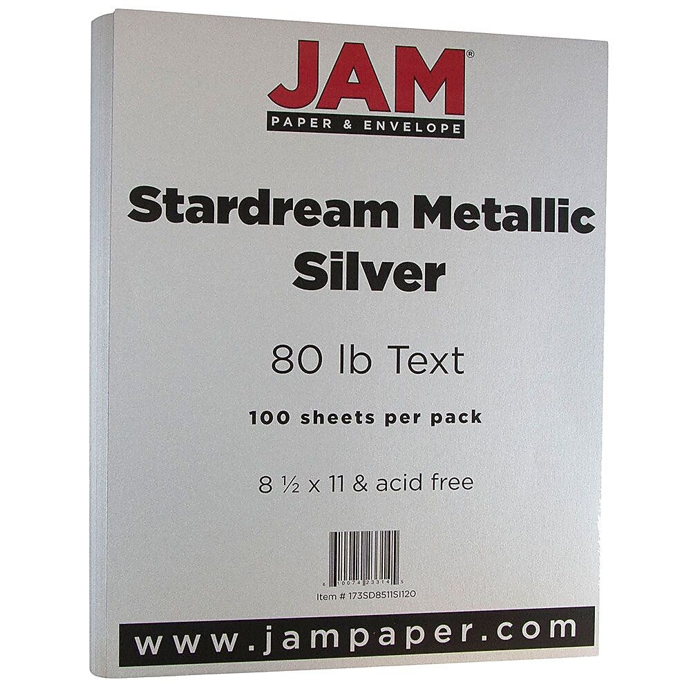 JAM Paper Metallic Colored Paper, 32 lbs., 8.5" x 11", Silver Stardream, 100 Sheets/Pack (173SD8511SI120)