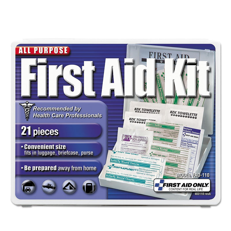 First Aid Only All-Purpose First Aid Kit, 21 Pieces, 4 3/4 X 3 X 1/2, Blue/white
