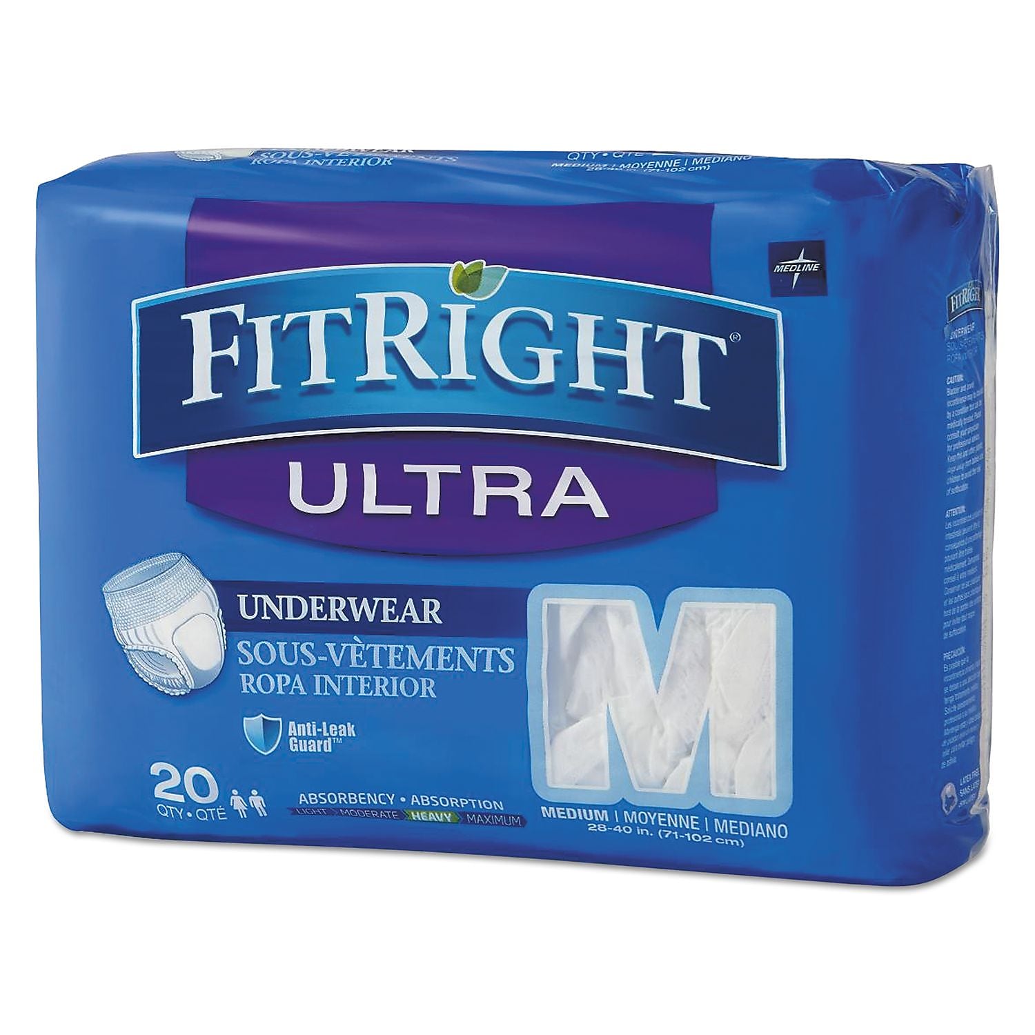Medline Fitright Ultra Protective Underwear, Medium, 28-40" Waist, 20/pack, 4 Pack/ctn