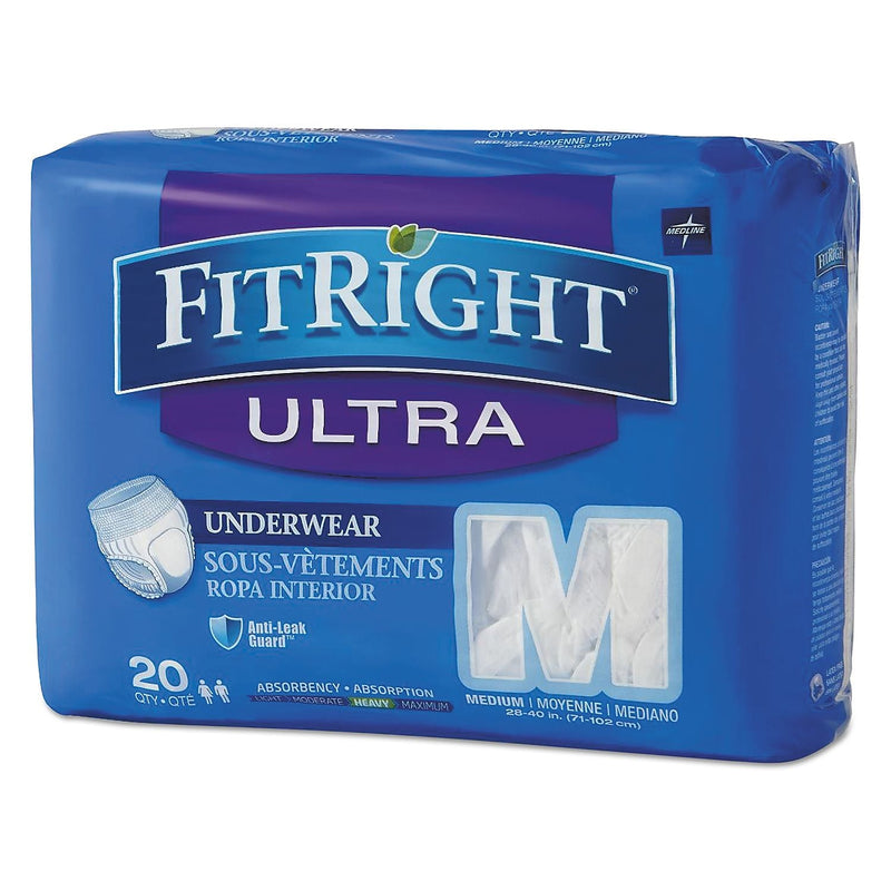 Medline Fitright Ultra Protective Underwear, Medium, 28-40" Waist, 20/pack, 4 Pack/ctn