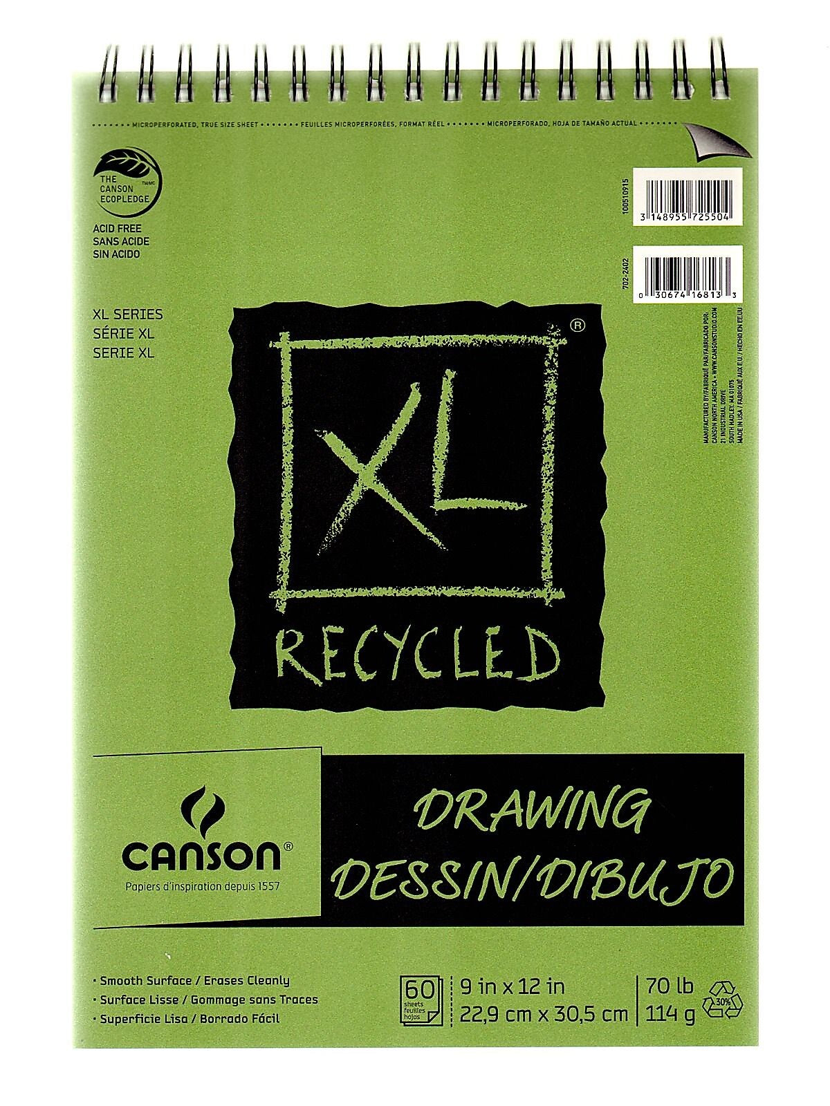 Canson XL Recycled Drawing Pads, 9 In. x 12 In., Pad Of 60 Sheets, WireBound Top, Pack Of 3 (3PK-100510915)