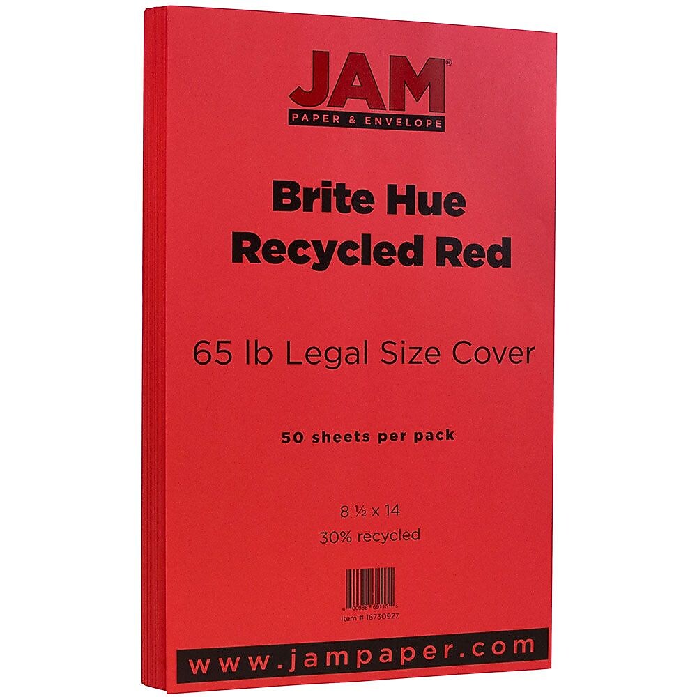 JAM Paper 65 lb. Cardstock Paper, 8.5" x 14", Brite Hue Red, 50 Sheets/Pack (16730927)
