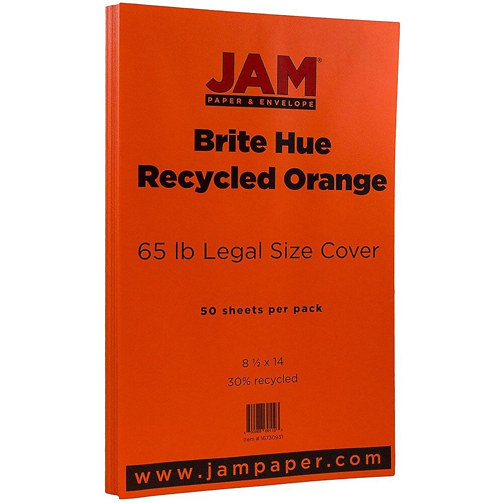 JAM Paper 65 lb. Cardstock Paper, 8.5" x 14", Orange Brite Hue, 50 Sheets/Pack (16730931)