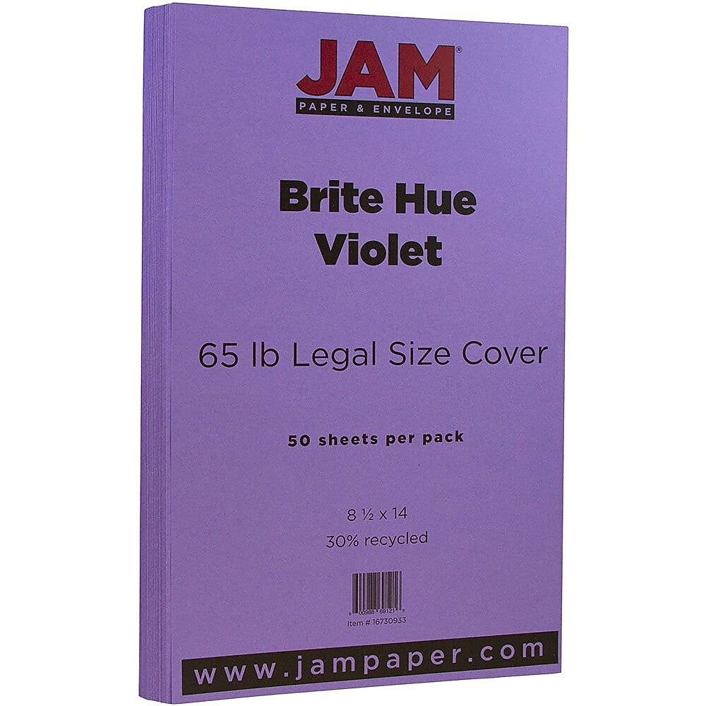 JAM Paper 65 lb. Cardstock Paper, 8.5" x 14", Violet Purple, 50 Sheets/Pack (16730933)