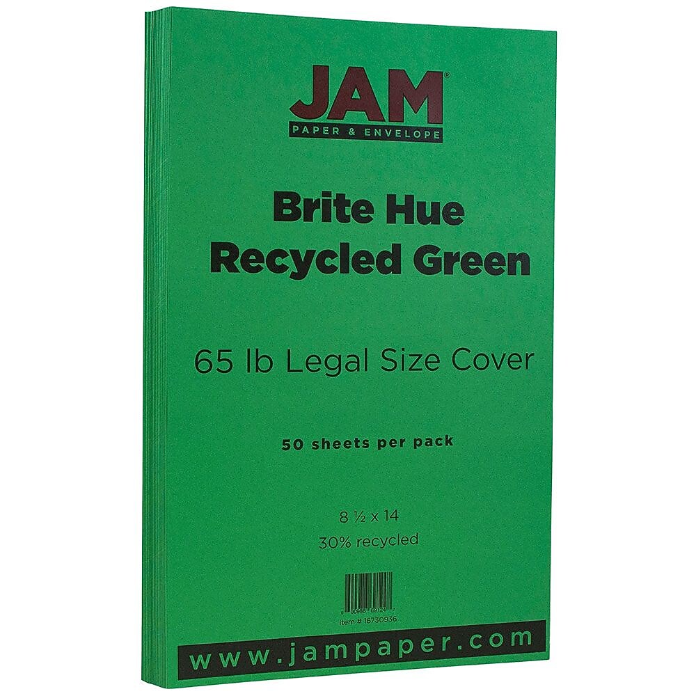 JAM Paper 65 lb. Cardstock Paper, 8.5" x 14", Green, 50 Sheets/Pack (16730936)