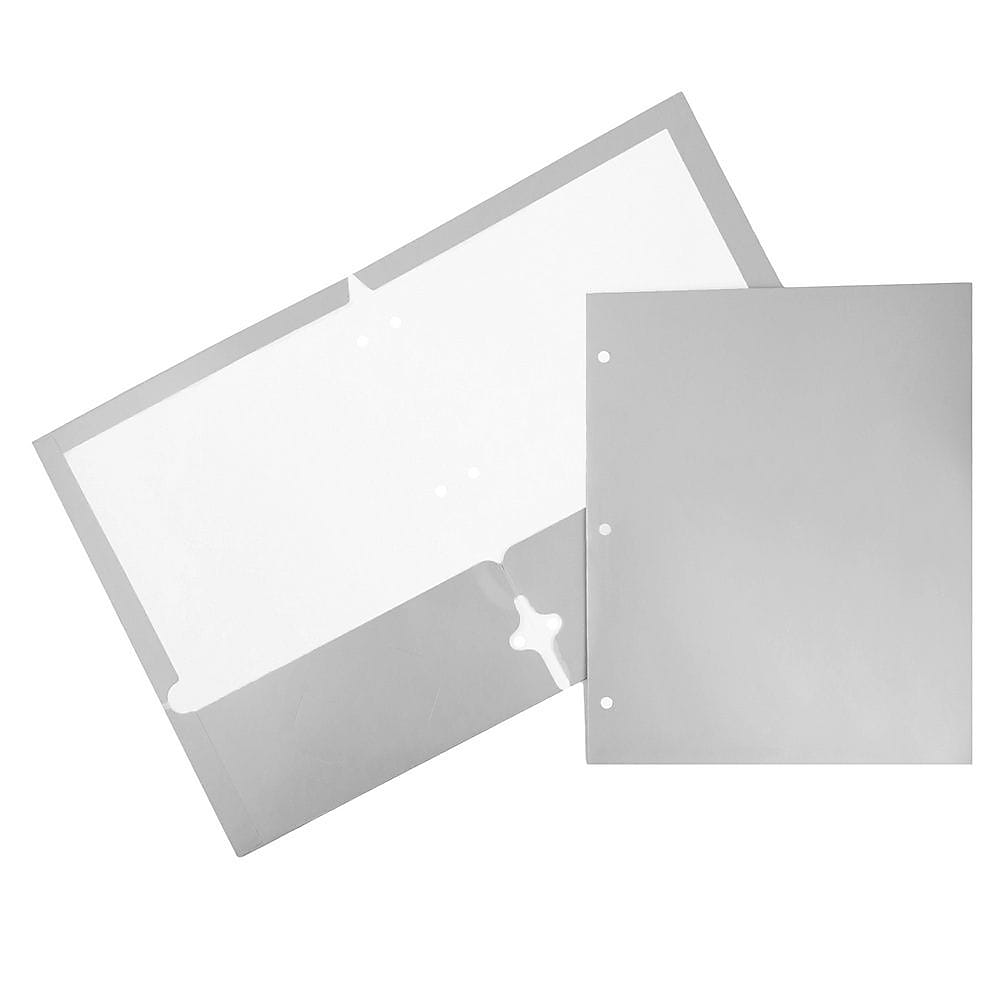 JAM Paper Laminated Glossy 3 Hole Punch Two-Pocket Folders, Silver, 50/Box (385GHPSIC)