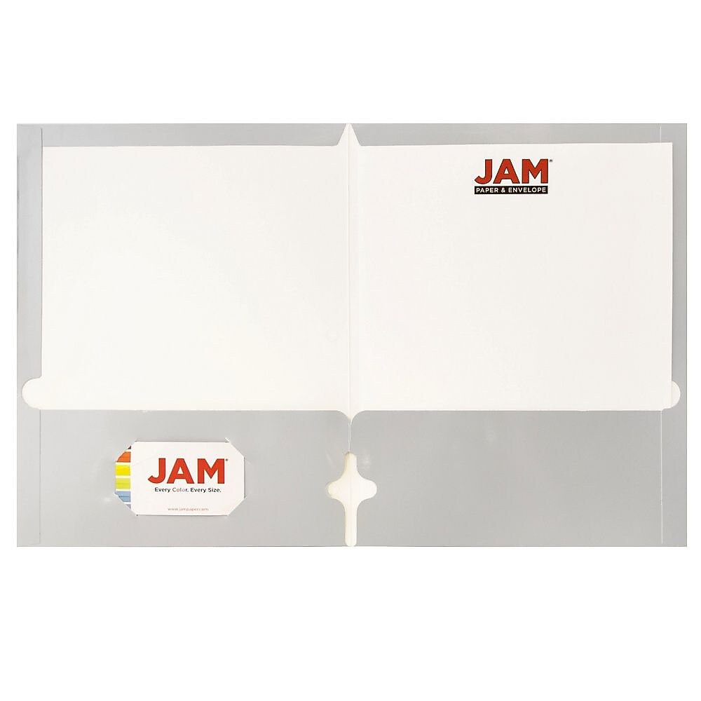 JAM Paper Laminated Glossy 3 Hole Punch Two-Pocket Folders, Silver, 50/Box (385GHPSIC)