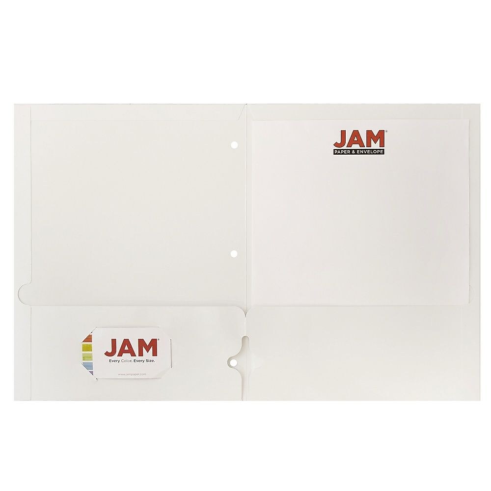 JAM Paper Laminated Glossy 3 Hole Punch Two-Pocket Folders, White, 100/Box (385GHPWHB)