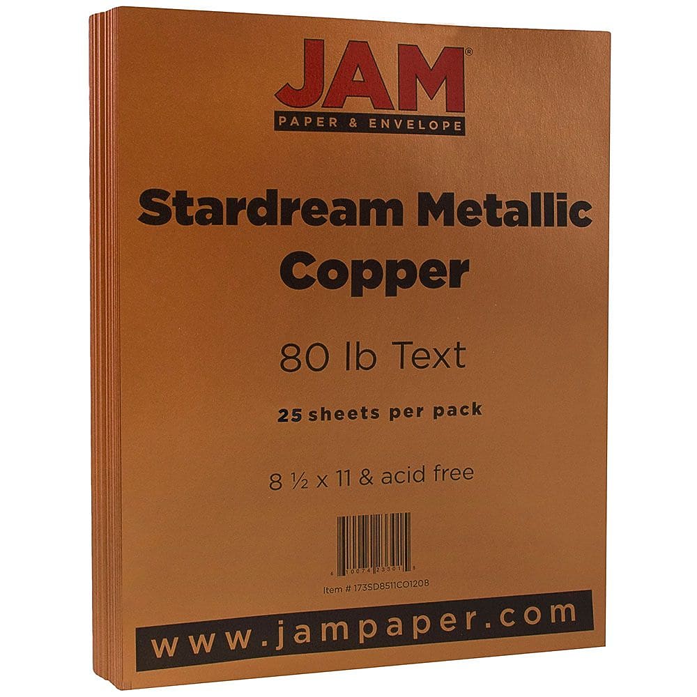JAM Paper Metallic Colored 8.5" x 11" Copy Paper, 32 lbs., Copper Stardream, 25 Sheets/Pack (173SD8511CO120B)