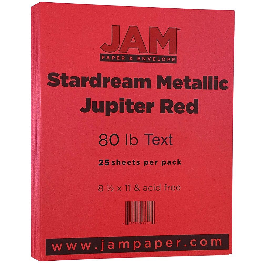 JAM Paper Metallic Colored Paper, 32 lbs., 8.5" x 11", Jupiter Red Stardream, 25 Sheets/Pack (173SD8511JU120B)