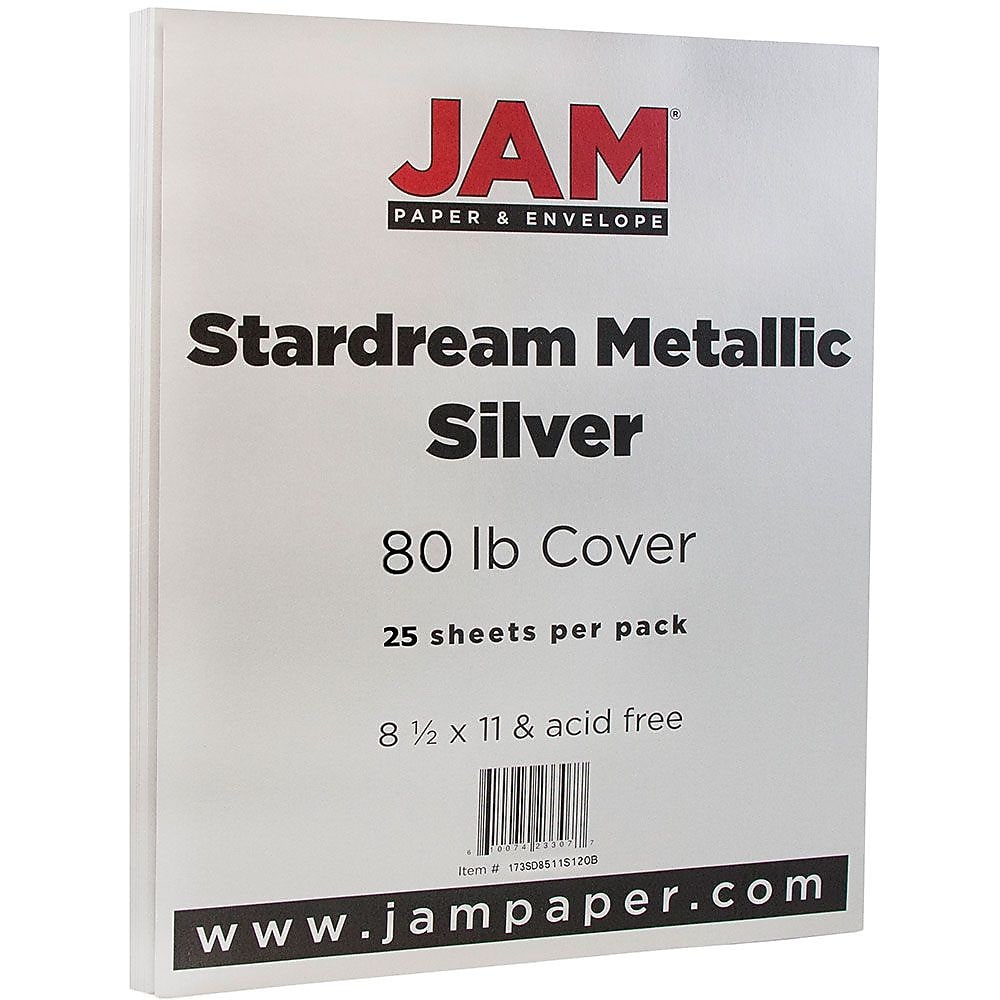 JAM Paper Metallic Colored 8.5" x 11" Paper, 32 lbs., Silver Stardream, 25 Sheets/Pack (173SD8511SI120B)