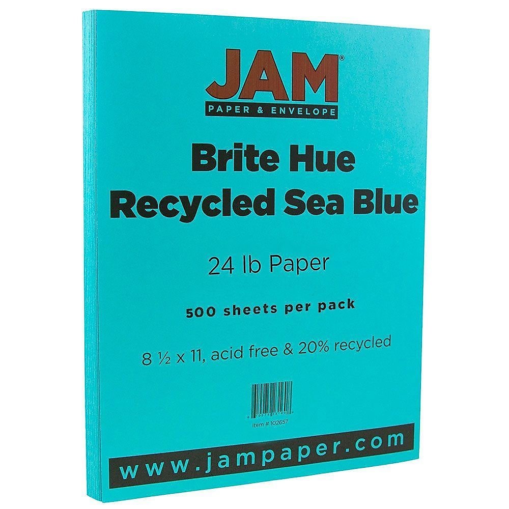 JAM Paper 8.5" x 11" Colored Copy Paper, 24 lbs., Sea Blue Recycled, 500 Sheets/Ream (102657B)