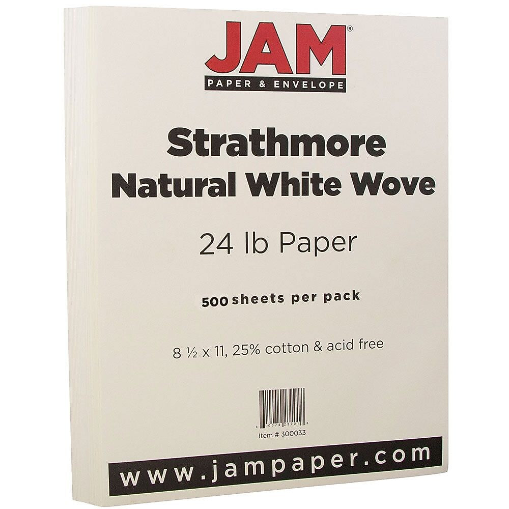 JAM Paper® Strathmore 24lb Paper, 8.5 x 11, Natural White Wove, 500 Sheets/Ream (300033B)