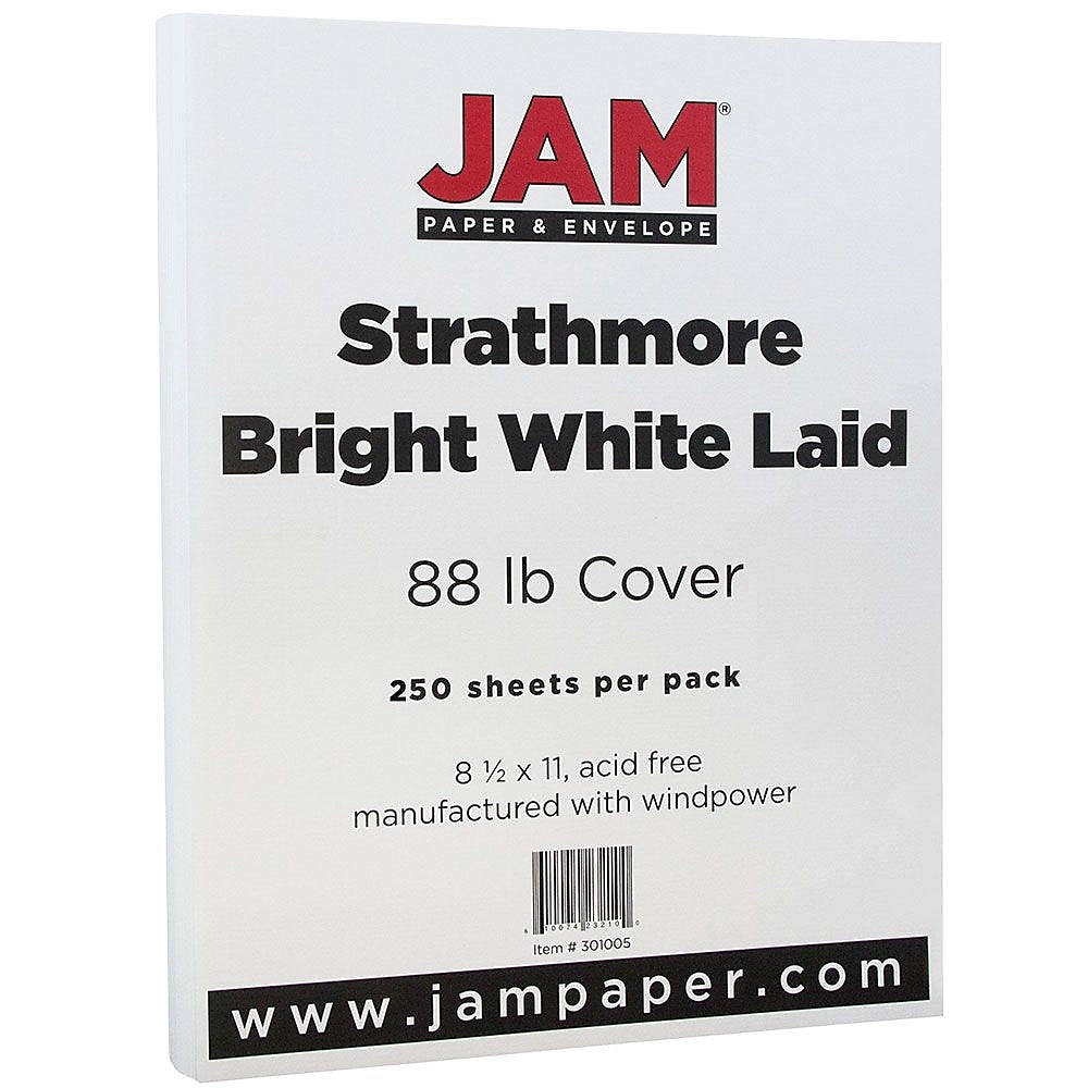 JAM Paper Strathmore 88 lb. Cardstock Paper, 8.5" x 11", Bright White, 250 Sheets/Ream (301005B)