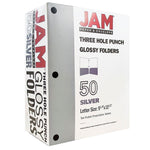 JAM Paper Laminated Glossy 3 Hole Punch Two-Pocket Folders, Silver, 50/Box (385GHPSIC)
