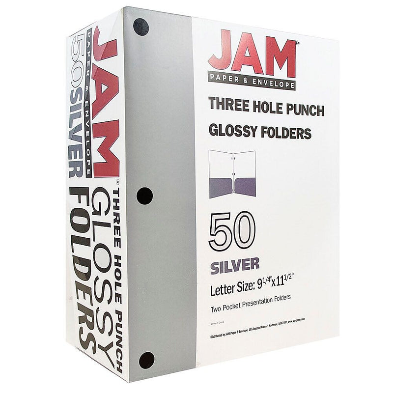 JAM Paper Laminated Glossy 3 Hole Punch Two-Pocket Folders, Silver, 50/Box (385GHPSIC)