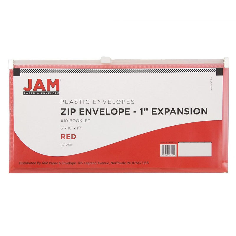 JAM Paper Expanding Wallet with Zipper Closure, 5" x 10", Red, 12/Pack (921Z1RE)