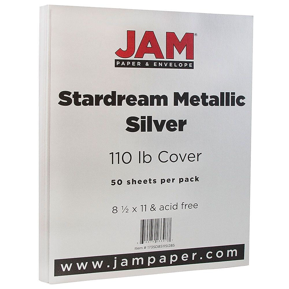 JAM Paper 110 lb. Cardstock Paper, 8.5" x 11", Silver Stardream, 50 Sheets/Pack (181137)