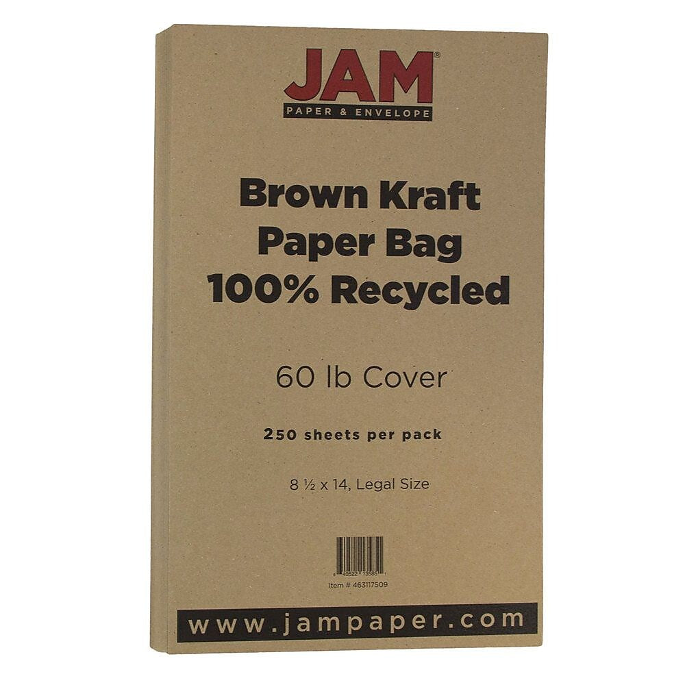 JAM Paper 60 lb. Cardstock Paper, 8.5" x 14", Brown Kraft Paper Bag, 250 Sheets/Ream (463117509B)