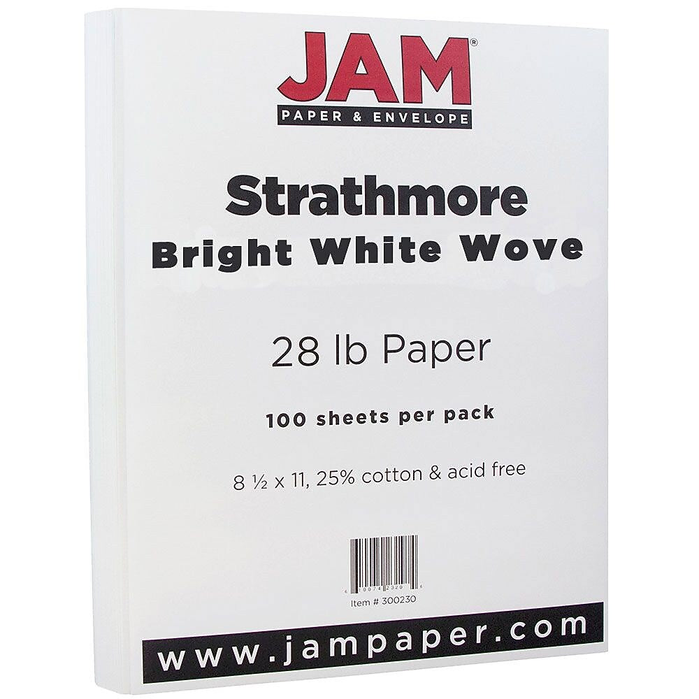 JAM Paper® Strathmore 28lb Paper, 8.5 x 11, Bright White Wove, 100 Sheets/Pack (300230)