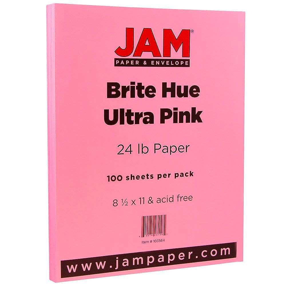 JAM Paper Smooth Colored 8.5" x 11" Copy Paper, 24 lbs., Ultra Pink, 100 Sheets/Pack (103564)