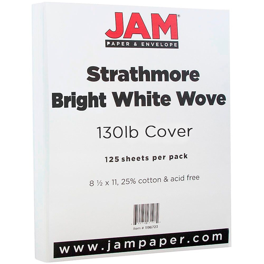 JAM Paper Strathmore 130 lb. Cardstock Paper, 8.5" x 11", Bright White, 125 Sheets/Ream (1196723B)